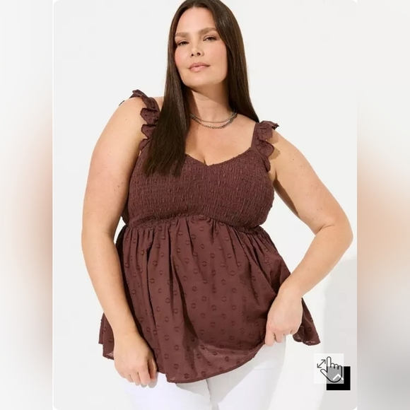 Torrid Brown Babydoll Cotton Clip Dot Smocked Bodice Tank Top - Picture 7 of 9